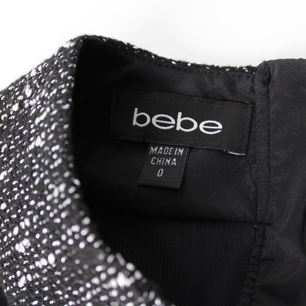 Bebe Dress elegant black white tweed mesh trim fringe hem Women's Sz 0 - Picture 10 of 12